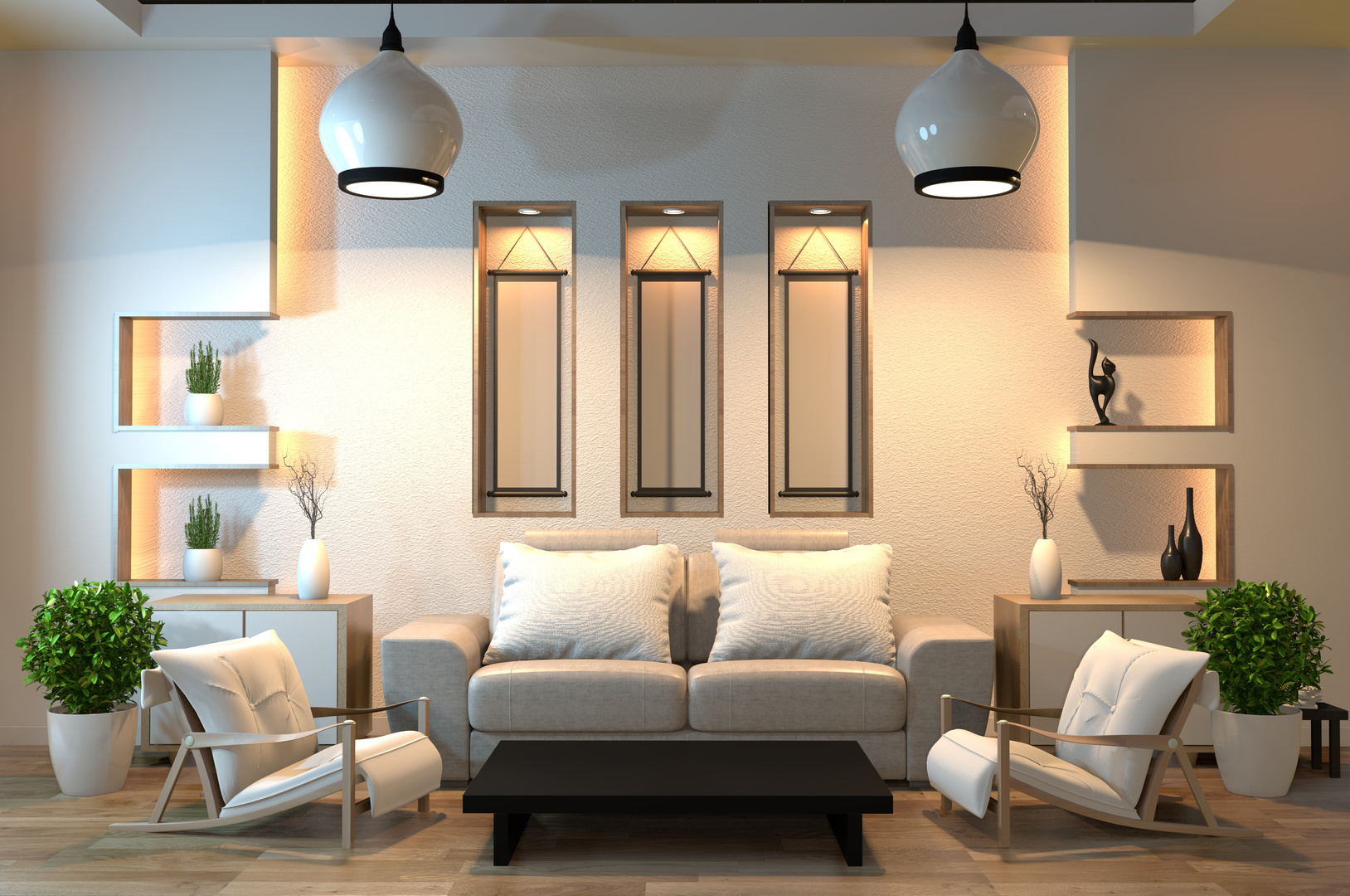 3d rendering of a modern living room with white furniture